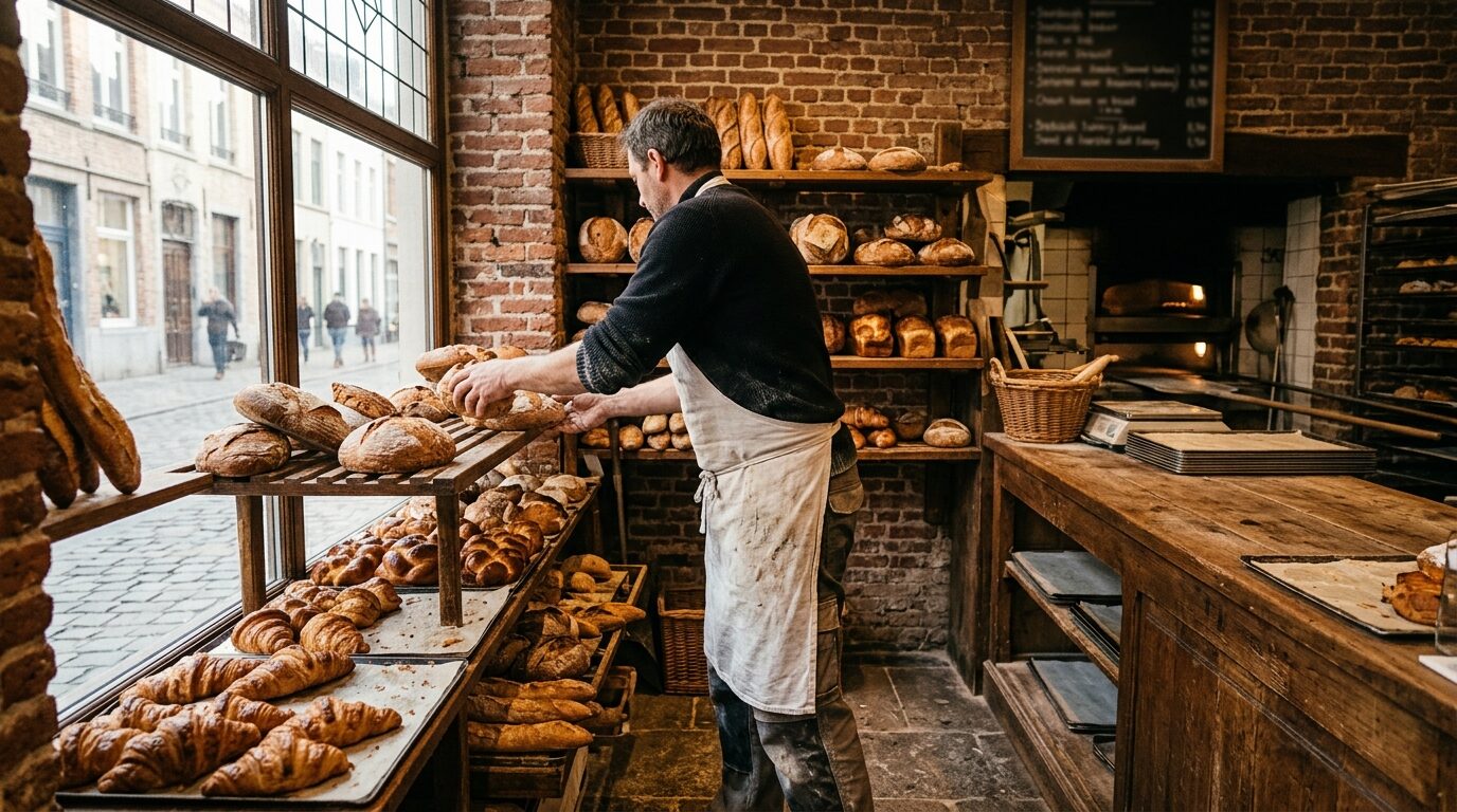 Ambachtelijke bakkerij met vers brood in de etalage