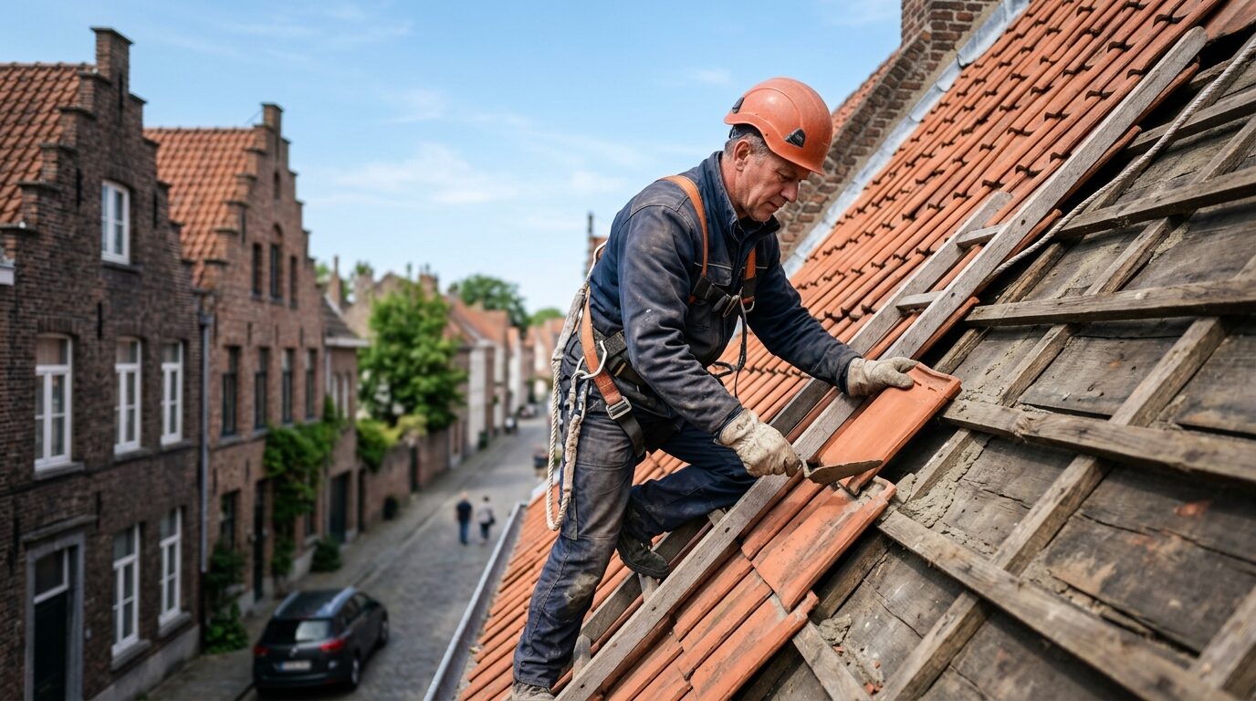 Dakwerker aan het werk op een hellend dak in Vlaanderen