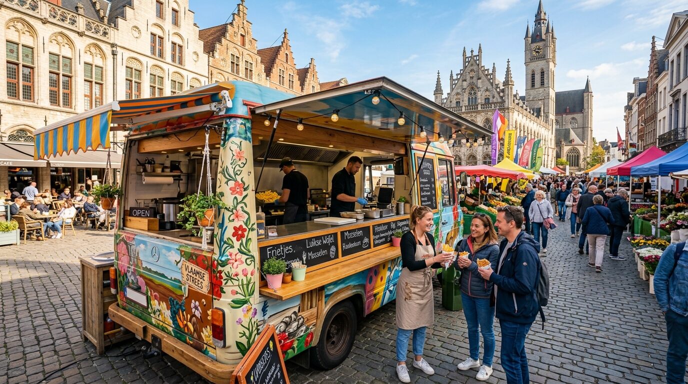Foodtruck geparkeerd op een event in België, klanten in de rij