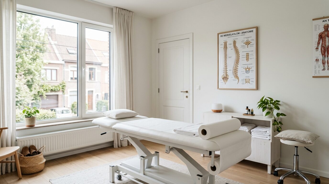 Rustige behandelruimte van een kinepraktijk in Vlaanderen