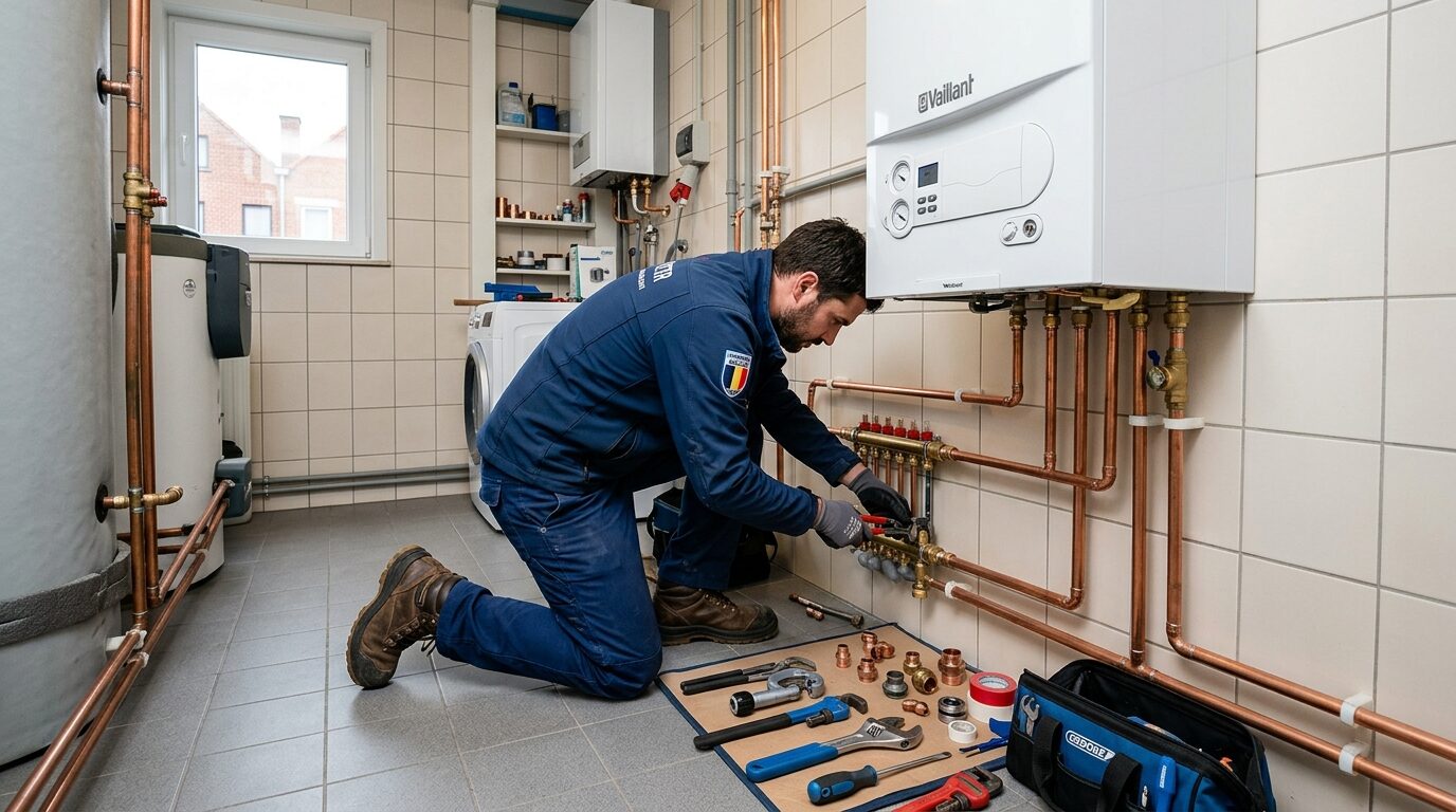 Loodgieter aan het werk aan sanitaire installatie