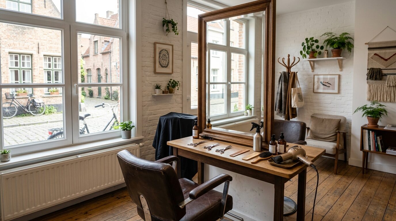 Schoonmaakmedewerker aan het werk in een Vlaams kantoor